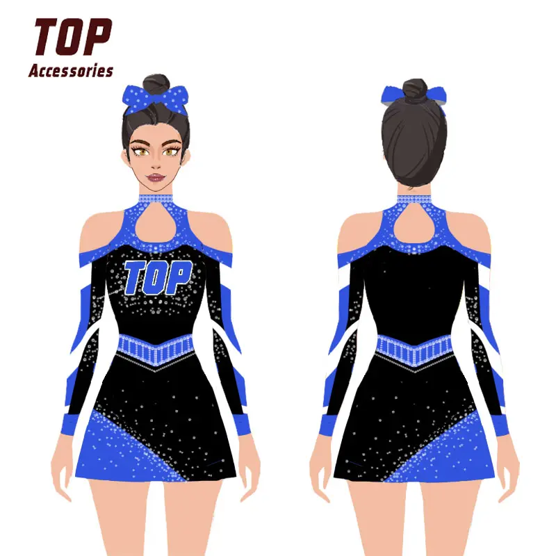 Uniforme Cheerleading das meninas personalizadas com strass Material do Spandex com OEM Design Impressão Técnica Disponível XS XL Tamanhos