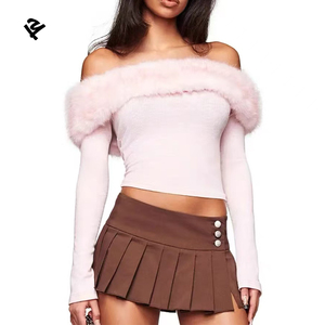 Haut court asymétrique rose pour <span class=keywords><strong>femme</strong></span>, à épaules dénudées, avec bordure en <span class=keywords><strong>fausse</strong></span> <span class=keywords><strong>fourrure</strong></span>, manches longues, en maille côtelée, sexy, pour soirée et club - Product Image 3