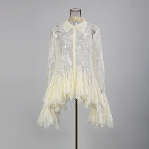 Women's Sheer Lace <b>Sequin</b> Ruffle Hem Shirt Dress Elegant Romantic Party Dresses Fashion - Product Image 3