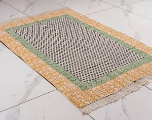Aztec Block Print Cotton Dhurrie <b>Rug</b> Handmade <b>Boho</b> Carpet with Tassels Floor <b>Rug</b> Home Decor - Product Image 1