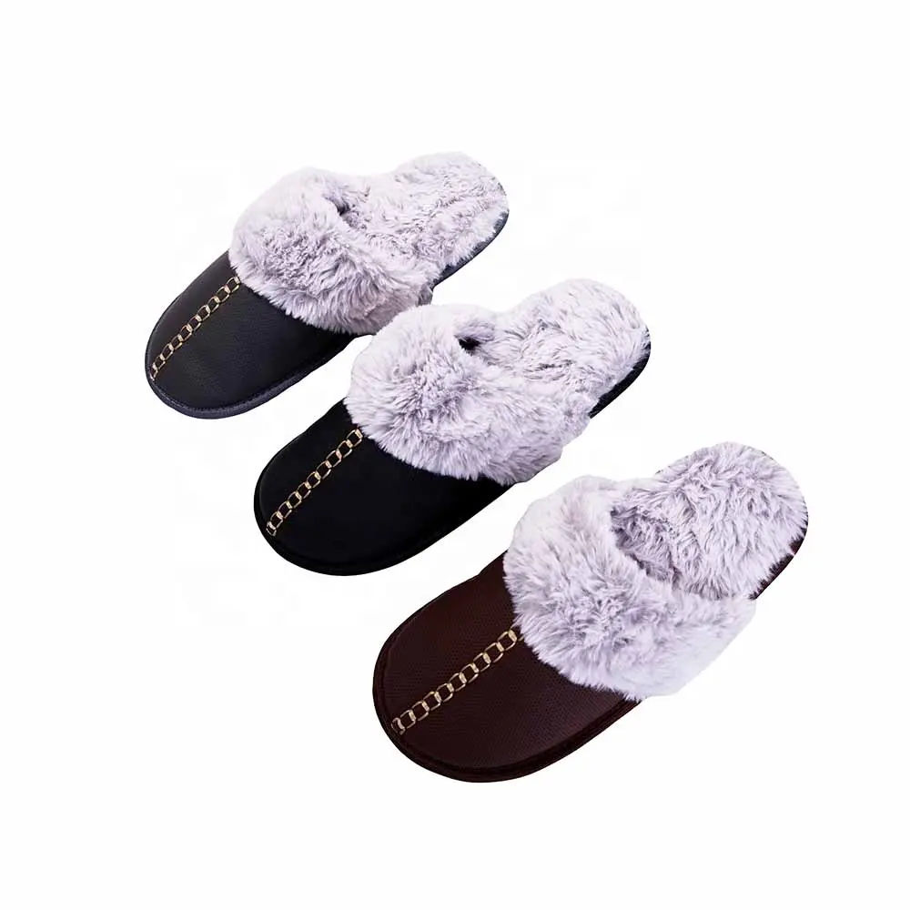 Winter men's comfortable Slippers PU plush Faux Fur Memory Foam Keep warm Anti-Slip for Indoor Shoes