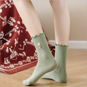 Cute Girl Sewing Cotton Flower Japan Solid Crew Slouch <strong>Sunflower</strong> Embroidered <strong>Socks</strong> Women - Product Image 3