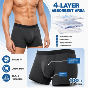 Calzoncillos <span class=keywords><strong>para</strong></span> Incontinencia OEM ODM de Bajo MOQ <span class=keywords><strong>para</strong></span> <span class=keywords><strong>Hombre</strong></span>, 4 Capas, Bolsa 3D en U, Antifugas, Absorbentes, Lavables y Reutilizables - Product Image 1