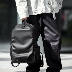 Men's <b>Backpack</b> <b>Large</b> Capacity Waterproof Black 15 Inches Business Travel Commuting Style Solid Color Coating Lining Polyester - Product Image 4