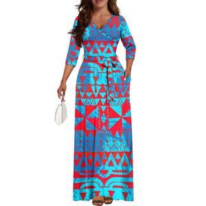 Venta caliente estilo <span class=keywords><strong>Marquesan</strong></span> tatuaje polinesio personalizado ecológico Casual Formal Normcore mujer cuello en V vestido largo - Product Image 1