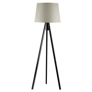 3f UL — trépied lampe de sol noir en bois, tambour style hôtel avec ombrage blanche, référence F20117