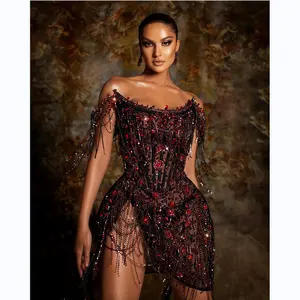 A7546 2023 Newest design off-shoulder ruby crystal mini red prom luxury women dresses sexy party club