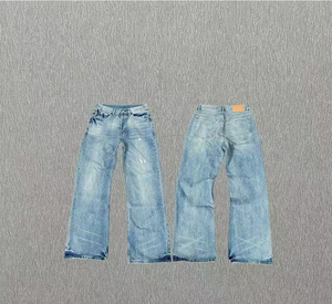 Men's Wide Leg Medium Wash Denim <b>Jeans</b> Mid Waist Loose Fit <b>Chain</b> Embroidery Vintage Streetwear Style Autumn Cotton Fabric Print - Product Image 3