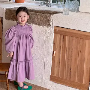 Koreanische Kinder kleidung Herbst neue Mädchen Kleid lila weichen Baumwoll rock schlichten Ball gewachsen Kleid für Mädchen