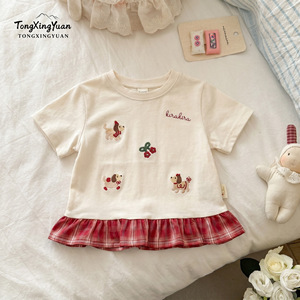 Child Star Circle Girls Embroidered Short Sleeve Top With Ruffle Hem Breathable Cartoon Design For Kids - Product Image 1