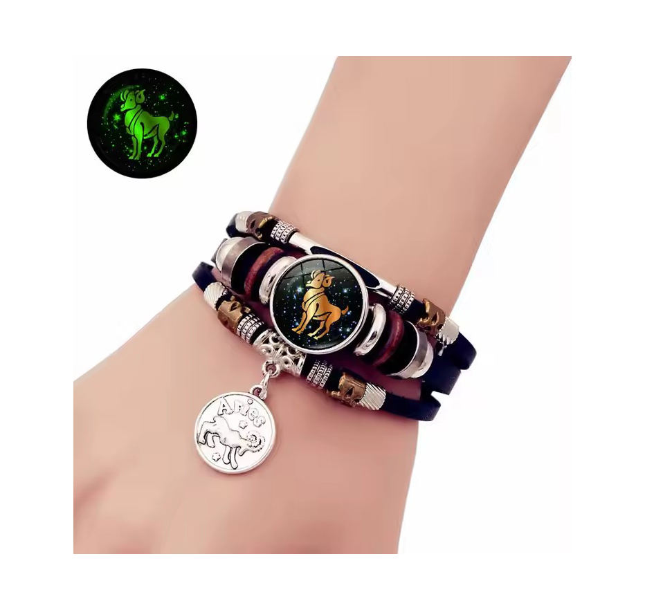 Wholesale Zodiac Signs Handmade Multilayer Braided Leather Bracelet 12  Horoscopes Luminous Glowing Bracelet for Couple