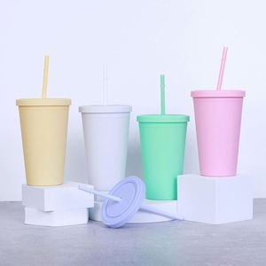 Gobelet isotherme personnalisé sans BPA de 16 oz, double paroi, réutilisable, couleur pastel mate, droit et fin, en acrylique, avec couvercle et paille - Product Image 1