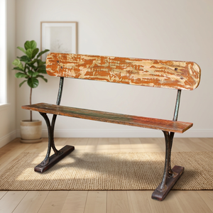 Banc de patio vintage en bois massif indien avec base en métal, pour salon, jardin, hôtel, banquette extérieure en métal 2 places - Product Image 1