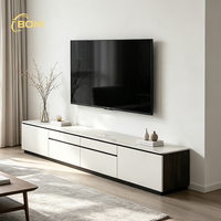 Meuble TV mural de luxe de style Mid-Century Modern, meuble TV moderne de luxe avec plateau en pierre brillant, meuble TV au sol