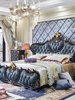 Europäisches Doppelbett aus Massivholz mit Echtleder-Weichlehne und Schnitzereien - Hauptschlafzimmer Brautprinzessinnen-Stil Großes Bett CH05-L