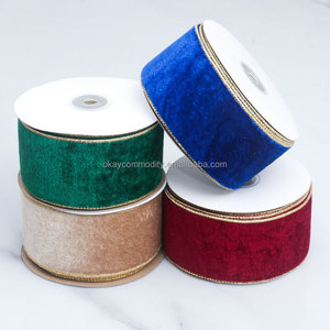 OKAY Vente en gros 2.5 pouces x 10 mètres <span class=keywords><strong>de</strong></span> <span class=keywords><strong>ruban</strong></span> <span class=keywords><strong>de</strong></span> velours filaire <span class=keywords><strong>de</strong></span> Noël extérieur <span class=keywords><strong>rouge</strong></span> avec bord doré pour couronnes - Product Image 1