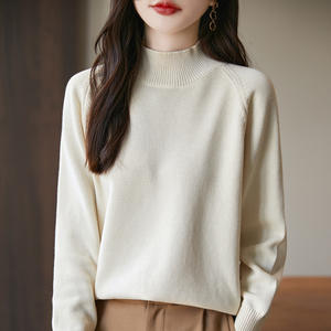 Suéter de cuello alto para mujer, tejido grueso de algodón, otoño-invierno, cuello medio, manga raglán holgada, color liso, capa base - Product Image 5