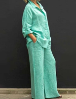 Ensemble chemise et pantalon pour femme, style vintage, uni, manches longues, boutonné, chemisier et pantalon droit ample, tenue décontractée