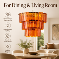 JYLIGHTING Lustre élégant à trois niveaux en verre ambré texturé, finition martelée, chaîne dorée, lumière chaude, luminaire suspendu pour salle à manger
