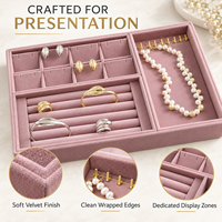 Plateau à bijoux en velours rose personnalisé, organiseur de tiroir empilable avec compartiments sur mesure pour ranger bagues, boucles d'oreilles et colliers