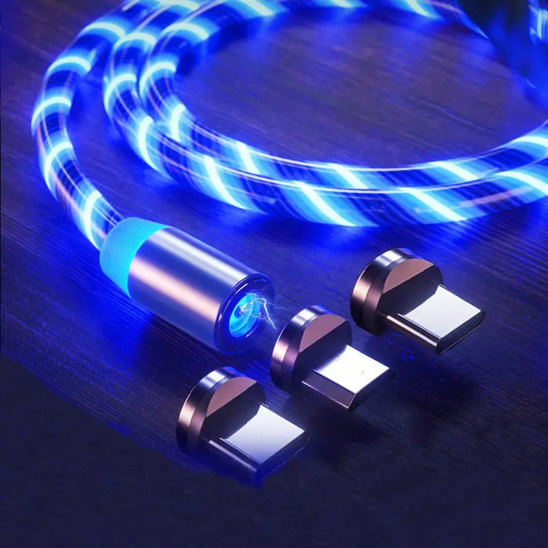Personalizado magnético 3 en 1 Cable USB de carga rápida que fluye Luz Accesorios de teléfono luminosa Led tipo C Micro iluminación Cables de datos