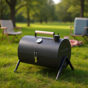 Parrilla portátil compacta de carbón para barbacoa con mango de madera, para exteriores, camping, con termómetro, para cocinar en fiestas en el patio trasero. - Product Image 2