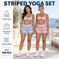 Ensemble de vêtements de sport personnalisés certifiés GRS sans PFAS, 80% nylon 20% élasthanne, séchage rapide, rayé, col halter, soutien-gorge de yoga, short de sport, leggings