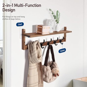 Wooden Wall Mounted Coat Rack With <b>Shelf</b> 5 <b>Hooks</b> Entryway Organizer For Living Room And Bathroom Storage - Product Image 2