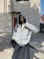 Sweat à capuche épais gris sophistiqué pour femme, collection automne/hiver, style décontracté rétro, coupe ample zippée, manteau sportif pour le quotidien