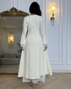 Robe longue cintrée à la taille avec patchwork en dentelle personnalisée Loriya, Abaya Dubaï, mode modeste pour femmes, fermeture éclair dissimulée, robe en polyester pour l'automne - Product Image 6