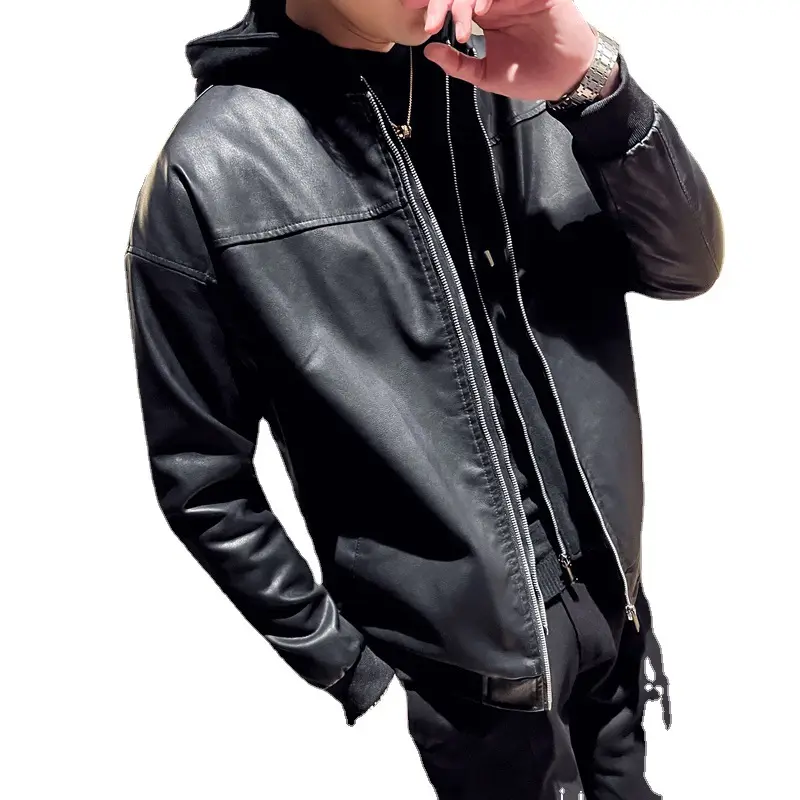 2022 New Fall Fashion Men's Loose Fit Hoodie Leather Jacket PU Jacket