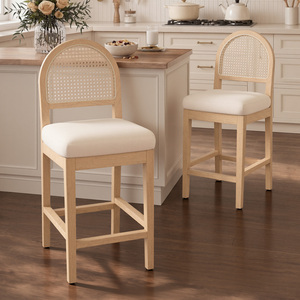 Commercial Modern Outdoor Rattan <b>Back</b> Counter Height Bar <b>Stools</b> Natural Wood Frame Chenille Upholstered Cafe Bistro Tavern - Product Image 1