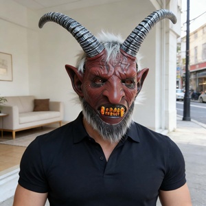 Máscara de Látex Clásica Estilo <span class=keywords><strong>Demonio</strong></span> del Oeste para Fiesta de Halloween con <span class=keywords><strong>Cuernos</strong></span>, Piel Arrugada Roja, Colmillos Amarillos y Barba Blanca - Product Image 5