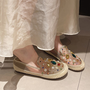2026 Spring Summer New Korean Mesh Bean Shoes, Women Rhinestone Slip-on Flat Casual Fisherman Shoes - Product Image 3