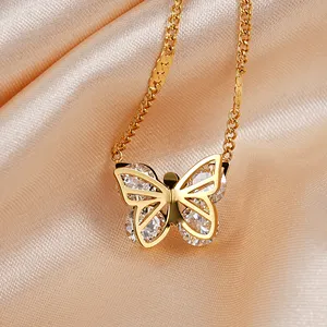 Bijuteria de aço inoxidável, joia nova moda feminina de zircão, colar de borboleta banhado a ouro 18k