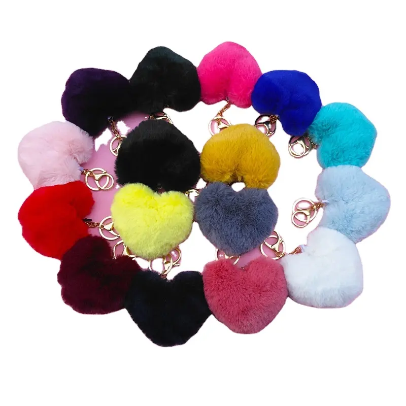 10 cm hot Sale fake fur ball key chain assorted colors heart shape Promotional Bulk Pom Pom rabbit Fur Ball Keychain