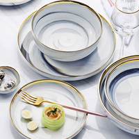 Vente chaude, vaisselle en céramique de style nordique, couleur glacée, marbre, bord doré, ensembles d'assiettes, vaisselle, porcelaine, assiette à dîner, vaisselle