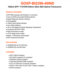 โมดูลรับส่งสัญญาณออปติคอล GOXP BI3296 40 IND สำหรับอุตสาหกรรม รองรับอุณหภูมิ 10G SFP+ BiDi ระยะ 40 กม. SMF DDM หัวต่อ LC รุ่น 1330TX 1270RX - Product Image 5