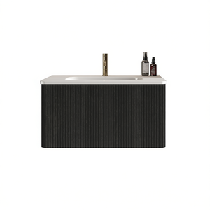 Meuble-lavabo de salle de bain moderne 30 pouces en chêne noir brossé rayé avec vasque en céramique blanche monobloc pré-assemblé mural - Product Image 1