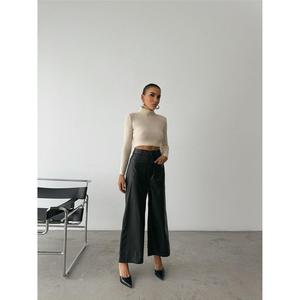 Leather Wide Leg Pants High Waist <b>Black</b> Pu <b>Fabric</b> Women's Trousers - Product Image 6