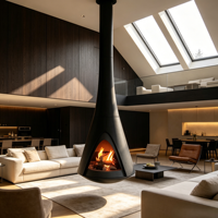 Cheminée suspendue haut de gamme VALSE, en bois, en forme de cône, noire, pour villa moderne, plafond haut, intérieur