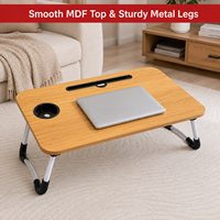 Bureau d'ordinateur portable pliable avec porte-gobelet et emplacement pour tablette - Table de lit/plateau de canapé portable en bois avec pieds en métal pour la maison et le bureau
