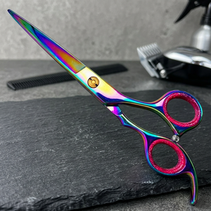 Ciseaux à cheveux professionnels à manche long droit, revêtement couleur arc-en-ciel, pointe de sécurité, style unique, couleur fixe, repose-doigt et embout de sécurité - Product Image 5