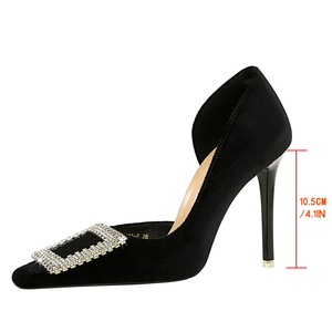 Women Square Diamonds <b>Decor</b> on <b>Shoes</b> High Heels Sandals Dress Office Ladies Suede Side Cut Out Pumps - Product Image 2