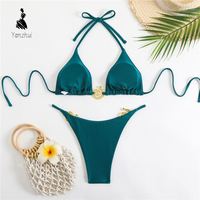 YZ Tersedia Ukuran S-L 2 Warna Atasan Segitiga Tanpa Jahitan Berlapis Ganda Solid Basic Set Bikini Dua Potong Wanita