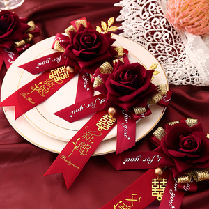 Corsage de mariage Xijiale, rose en soie, fleur artificielle, bouquet de mariée et de marié, ruban rouge et or pour cérémonie de mariage - Product Image 2