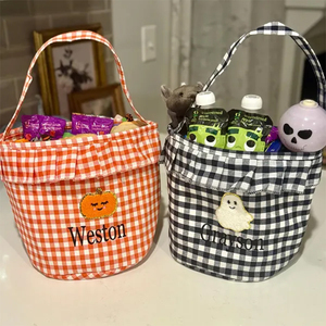 Panier-cadeau d'Halloween personnalisé, sac à bonbons d'Halloween à carreaux, motif à carreaux <span class=keywords><strong>orange</strong></span> et rose, panier-cadeau d'Halloween - Product Image 4