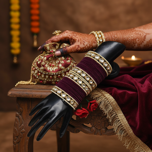 Jewelemarket <b>Gold</b> Plated Maroon Ethnic Kundan Stone and Black Pearl Velvet <b>Bangles</b> and Elegant Pearl Bracelets <b>Set</b> - Product Image 3