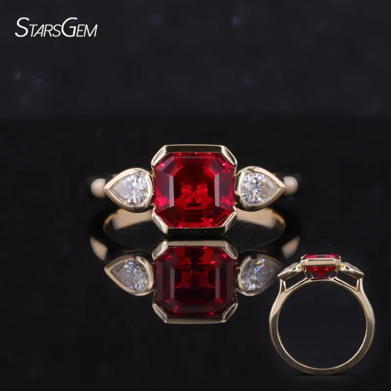 Hot bán giá thấp moissanite đồ trang sức asscher cắt phòng thí nghiệm phát triển Sapphire Ruby 3 Stones engagement Ring