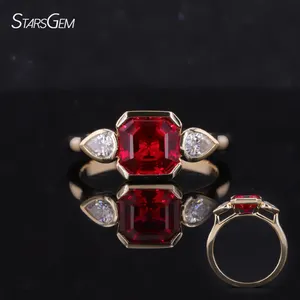 Venta caliente precio bajo moissanite joyería Asscher corte laboratorio crecido zafiro rubí 3 piedras anillo de compromiso